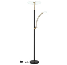 LED-golvlampa med uplight och justerbar läsarm, tillverkad av metall i svart och mässing.