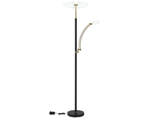 LED-golvlampa med uplight och justerbar läsarm, tillverkad av metall i svart och mässing.