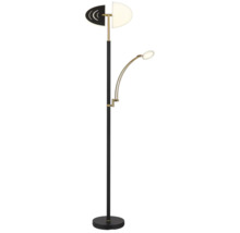 Golvlampa med uppåtriktat ljus och justerbar läslampa, svart och mässing, rund fot.