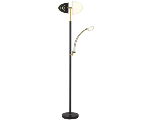 Golvlampa med uppåtriktat ljus och justerbar läslampa, svart och mässing, rund fot.
