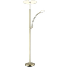 LED-golvlampa med delad skärm och läsarm i matt mässing.