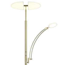 Messingsfärgad golvlampa i metall med justerbar läsarm och två halvrunda lampskärmar.