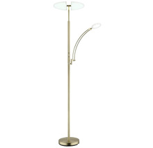 LED-golvlampa med uplight och justerbar läsarm av metall i mässingslook.
