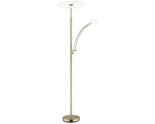 LED-golvlampa med uplight och justerbar läsarm av metall i mässingslook.