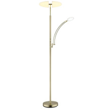 LED-golvlampa i mässingsfärgad metall med justerbar läsarm och delat uppåtriktat lamphuvud.