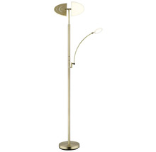 LED-golvlampa i mässingsfärgad metall med extra svängbar läsarm och delat lamphuvud.