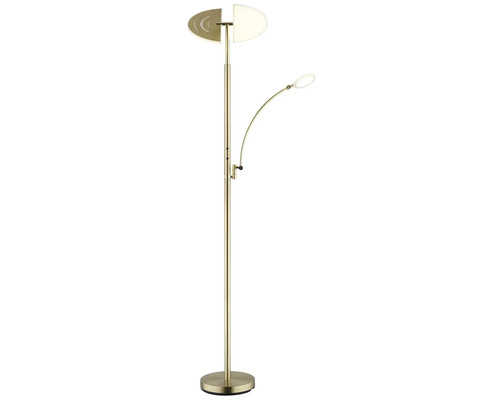 LED-golvlampa i mässingsfärgad metall med extra svängbar läsarm och delat lamphuvud.