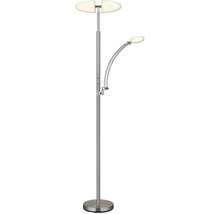 Golvlampa i metall med delad uplighter och en justerbar läsarm.