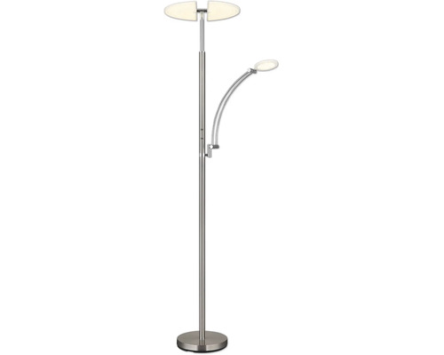 Golvlampa i metall med delad uplighter och en justerbar läsarm.