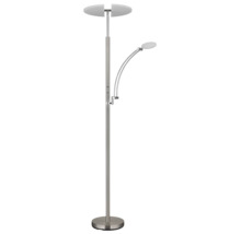Modern golvlampa med uplight och justerbar läsarm i metall.