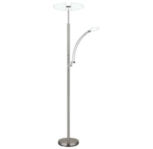 Modern golvlampa med tvådelad uplight och justerbar läsarm av metall.