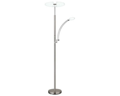 Modern golvlampa med tvådelad uplight och justerbar läsarm av metall.