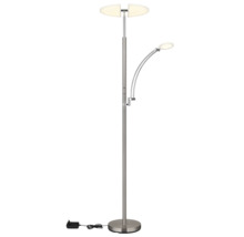 Golvlampa med uplight och ställbar läsarm i metall med runda ljuselement.