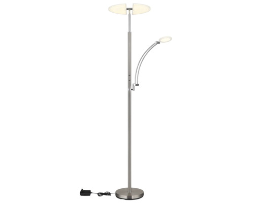 Golvlampa med uplight och ställbar läsarm i metall med runda ljuselement.