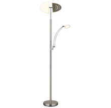 Golvlampa i metall med justerbar läsarm och delat lamphuvud.