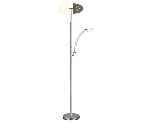 Golvlampa i metall med justerbar läsarm och delat lamphuvud.