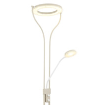 Modern golvlampa med ringformad huvudlampa och justerbar läsarm på en flexibel hals. Innehåller två vridimmers.