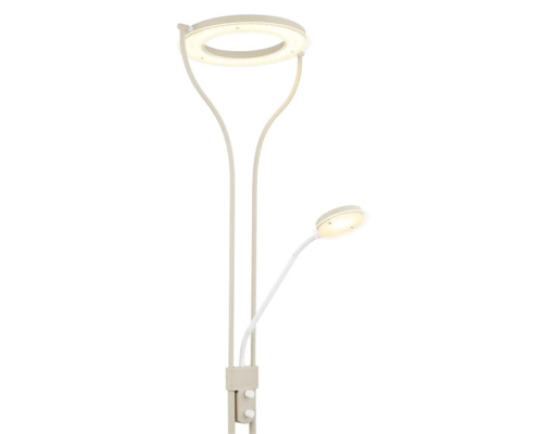 Modern golvlampa med ringformad huvudlampa och justerbar läsarm på en flexibel hals. Innehåller två vridimmers.