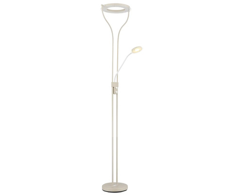 Golvlampa med flexibel läsarm, ringformat lamphuvud och två dimrar på metallstativet.