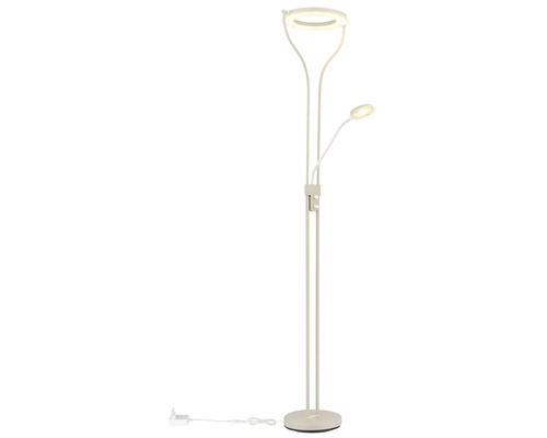 Modern LED-golvlampa med ringformad uplight och justerbar läsarm.