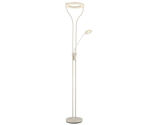 Golvlampa med ringformad topp och justerbar läsarm, sandfärgad, med touchdimmer.