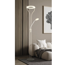 Modern LED-golvlampa med ringformad uplight och flexibel läsarm i ett ljust vardagsrum med soffa.