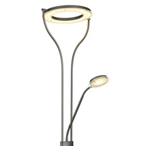 LED golvlampa med ringformad uplight och justerbar läslampa på en flexibel arm av mörk metall.