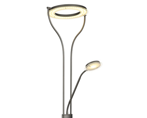 LED golvlampa med ringformad uplight och justerbar läslampa på en flexibel arm av mörk metall.