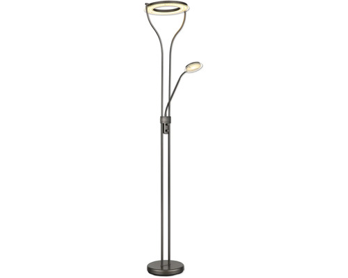 Golvlampa i metall med ringformad uplight och justerbar läsarm.