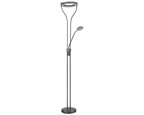 LED-golvlampa med uplight och flexibel läsarm i metall med två vridimmers.