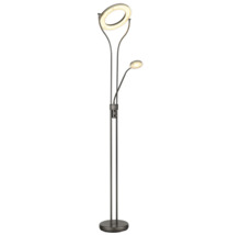 LED-golvlampa med ringformad uplighter och justerbar läsarm, metallhölje, dimbar.
