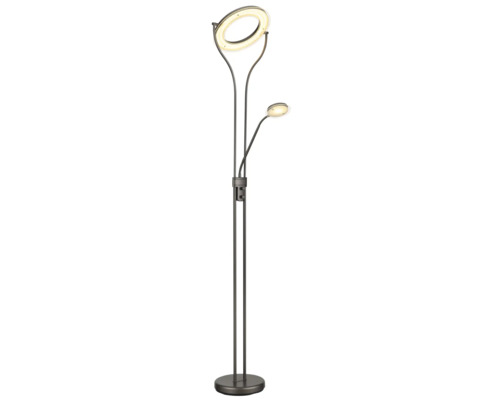 LED-golvlampa med ringformad uplighter och justerbar läsarm, metallhölje, dimbar.