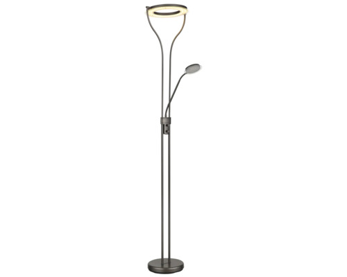 LED-golvlampa i metall med ringformad uplight, justerbar läsarm och två vridimmers.