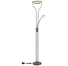 Golvlampa med ringformad uplight och justerbar läsarm, mörk metallstomme med integrerad dimmer.