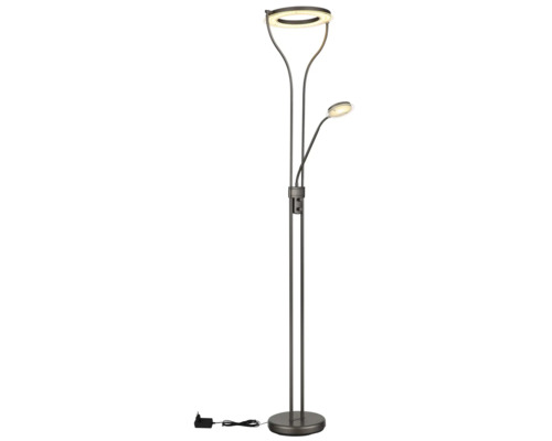 Golvlampa med ringformad uplight och justerbar läsarm, mörk metallstomme med integrerad dimmer.