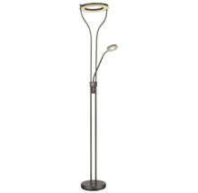 LED-golvlampa i mörk metall med ringformad huvuddel och justerbar läsarm, dimbar.