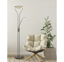 Modern golvlampa med ringformad uplight och läsarm bredvid en fåtölj och en krukväxt i ett ljust rum.