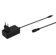 Svart nätadapter med kabel och rund kontakt.