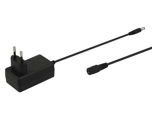 Svart nätadapter med kabel och rund kontakt.