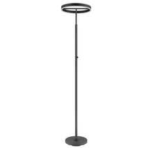 Modern LED-golvlampa med ringformad lamphuvud och rund bas.