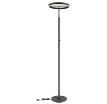 Modern LED-golvlampa med ringformat huvud, smal metallstång med dimmer, rund bas och svart strömkabel.