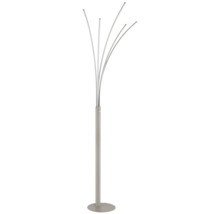 Modern golvlampa i metall med fem böjda LED-armar och en rund bas.