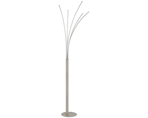 Modern golvlampa i metall med fem böjda LED-armar och en rund bas.