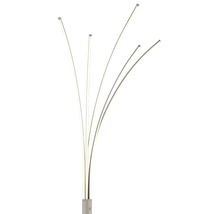 Modern LED-golvlampa med fem böjda ljusstavar och kromfärgade ändstycken.