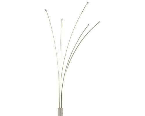 Modern LED-golvlampa med fem böjda ljusstavar och kromfärgade ändstycken.
