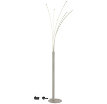 Modern LED-golvlampa med fem böjda ljusstavar, rund bas och fotströmbrytare.