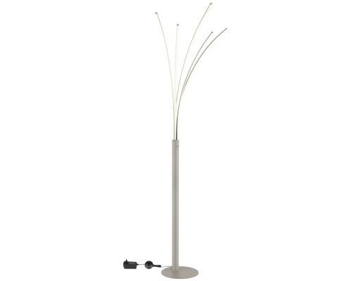 Modern LED-golvlampa med fem böjda ljusstavar, rund bas och fotströmbrytare.