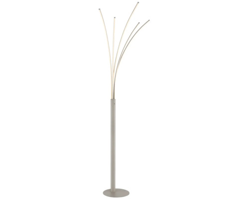 Modern golvlampa med fem böjda LED-ljusarmar och rund fot.