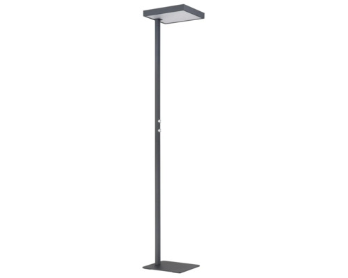 Modern LED-golvlampa med platt kvadratiskt huvud och bas samt två vridreglage på stången.