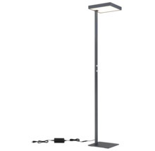 Modern LED-golvlampa som uplight med fyrkantigt huvud och två dimrar på stången.